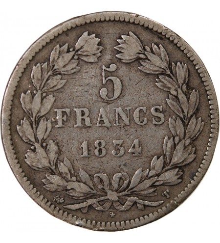 LOUIS PHILIPPE﻿ - 5 FRANCS ARGENT 1834 T NANTES