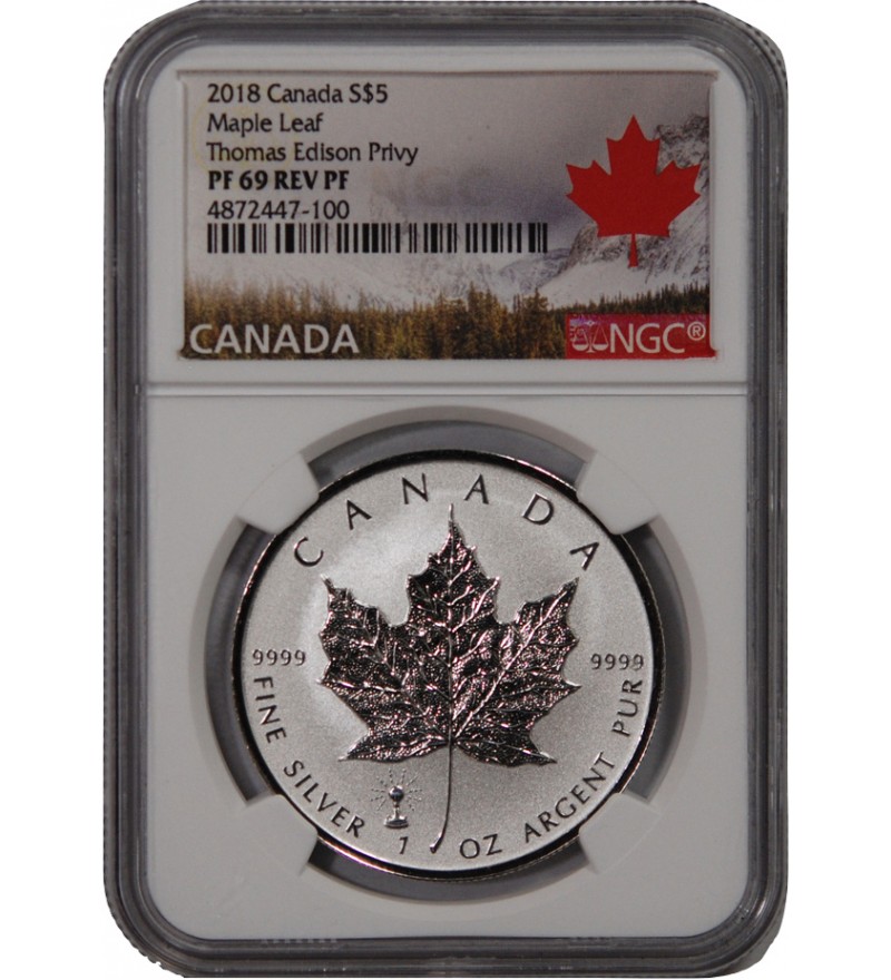 CANADA, MAPLE LEAF - 5 DOLLARS ARGENT 2018 - NGC PF 69 - THOMAS EDISON PRIVY