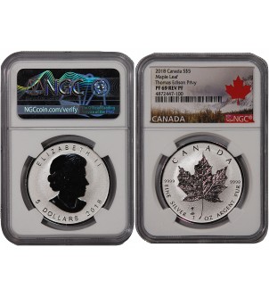 CANADA, MAPLE LEAF - 5 DOLLARS ARGENT 2018 - NGC PF 69 - THOMAS EDISON PRIVY 2