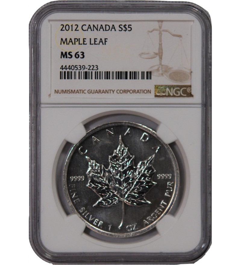 CANADA, MAPLE LEAF - 5 DOLLARS ARGENT 2012 - NGC MS 63