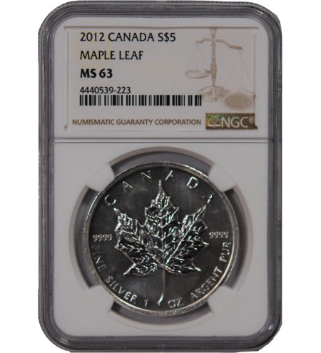 CANADA, MAPLE LEAF - 5 DOLLARS ARGENT 2012 - NGC MS 63