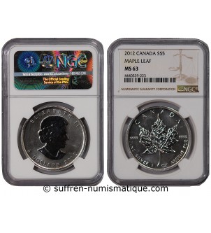 CANADA, MAPLE LEAF - 5 DOLLARS ARGENT 2012 - NGC MS 63