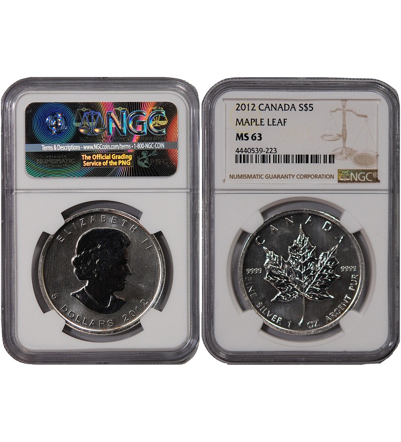 CANADA, MAPLE LEAF - 5 DOLLARS ARGENT 2012 - NGC MS 63
