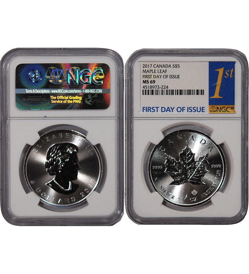 CANADA, MAPLE LEAF - 5 DOLLARS ARGENT 2017 - NGC MS 69 - FIRST DAY OF ISSUE