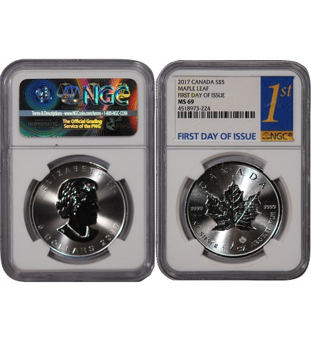 CANADA, MAPLE LEAF - 5 DOLLARS ARGENT 2017 - NGC MS 69 - FIRST DAY OF ISSUE