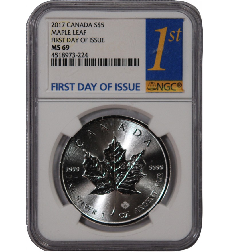 CANADA, MAPLE LEAF - 5 DOLLARS ARGENT 2017 - NGC MS 69 - FIRST DAY OF ISSUE