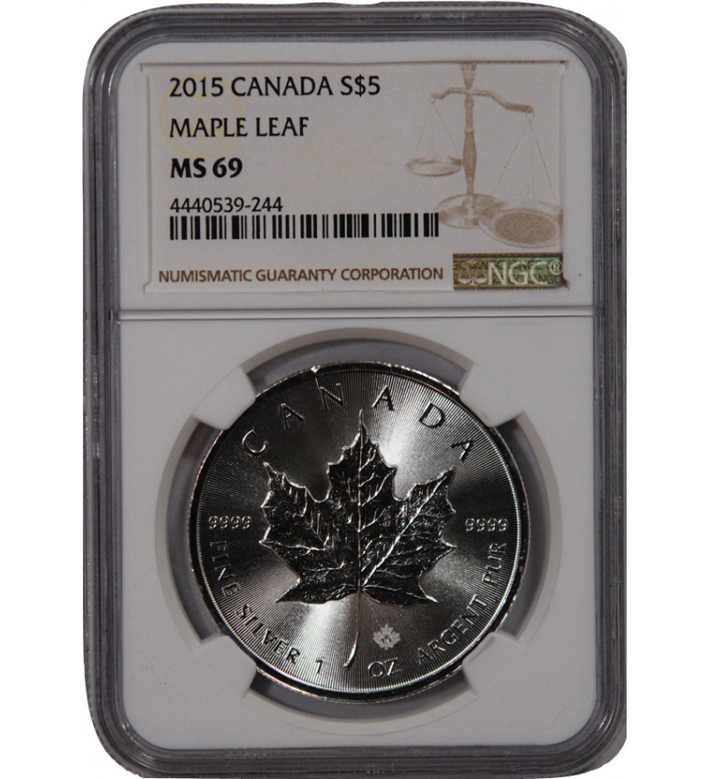 CANADA, MAPLE LEAF - 5 DOLLARS ARGENT 2015 - NGC MS 69