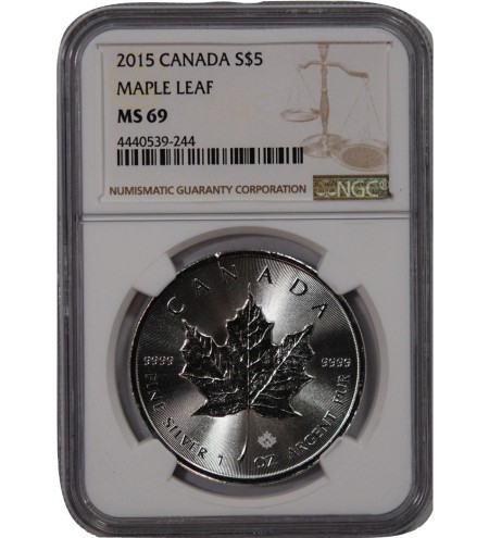 CANADA, MAPLE LEAF - 5 DOLLARS ARGENT 2015 - NGC MS 69