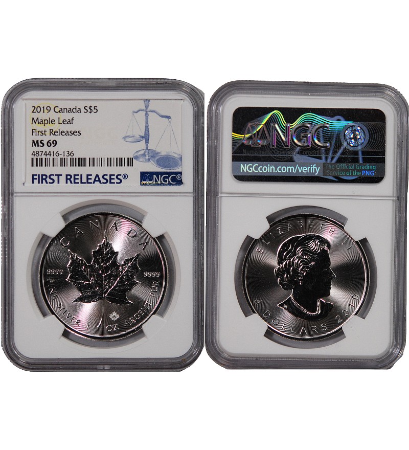 CANADA, MAPLE LEAF - 5 DOLLARS ARGENT 2019 - NGC MS 69 - FIRST RELEASES