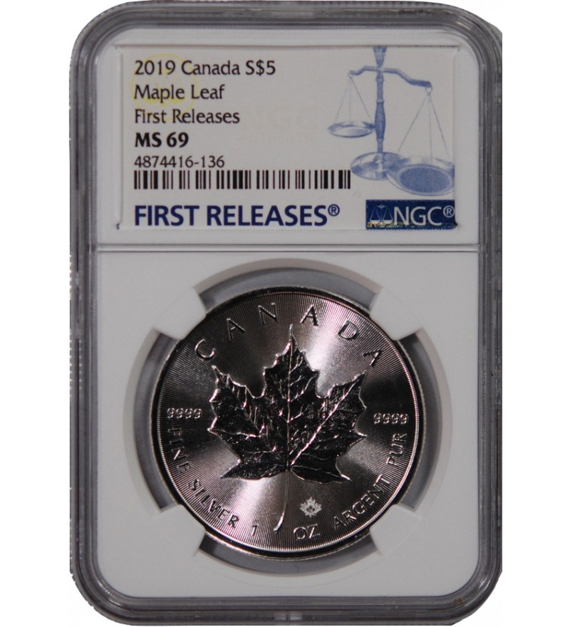 CANADA, MAPLE LEAF - 5 DOLLARS ARGENT 2019 - NGC MS 69 - FIRST RELEASES