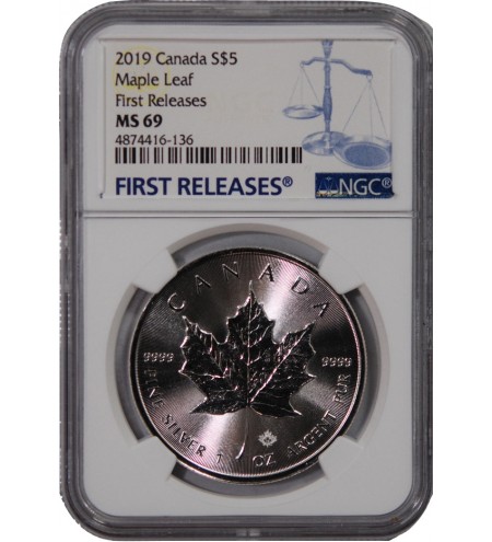 CANADA, MAPLE LEAF - 5 DOLLARS ARGENT 2019 - NGC MS 69 - FIRST RELEASES