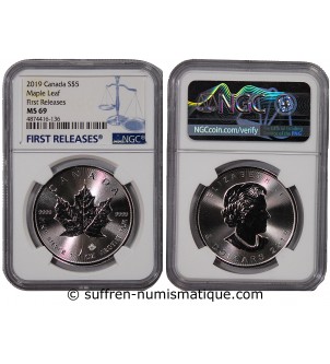 CANADA, MAPLE LEAF - 5 DOLLARS ARGENT 2019 - NGC MS 69 - FIRST RELEASES