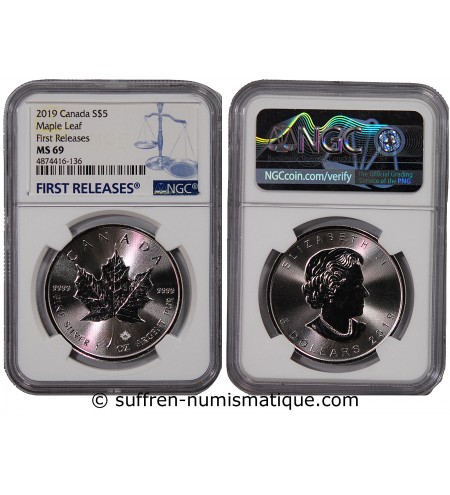 CANADA, MAPLE LEAF - 5 DOLLARS ARGENT 2019 - NGC MS 69 - FIRST RELEASES