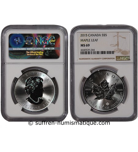 CANADA, MAPLE LEAF - 5 DOLLARS ARGENT 2015 - NGC MS 69