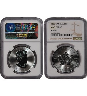 CANADA, MAPLE LEAF - 5 DOLLARS ARGENT 2015 - NGC MS 69 2