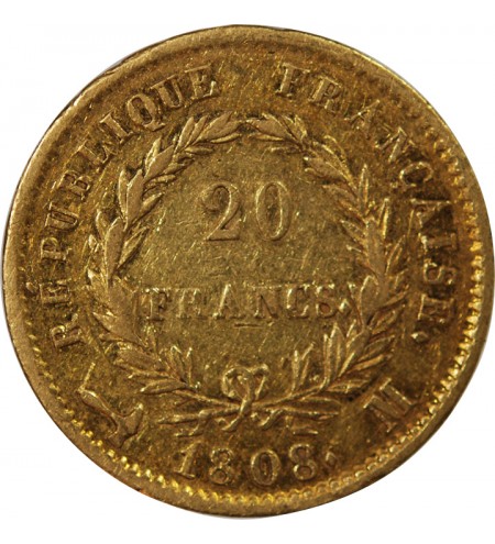 NAPOLEON Ier - 20 FRANCS OR 1808 M TOULOUSE "Type République"﻿﻿