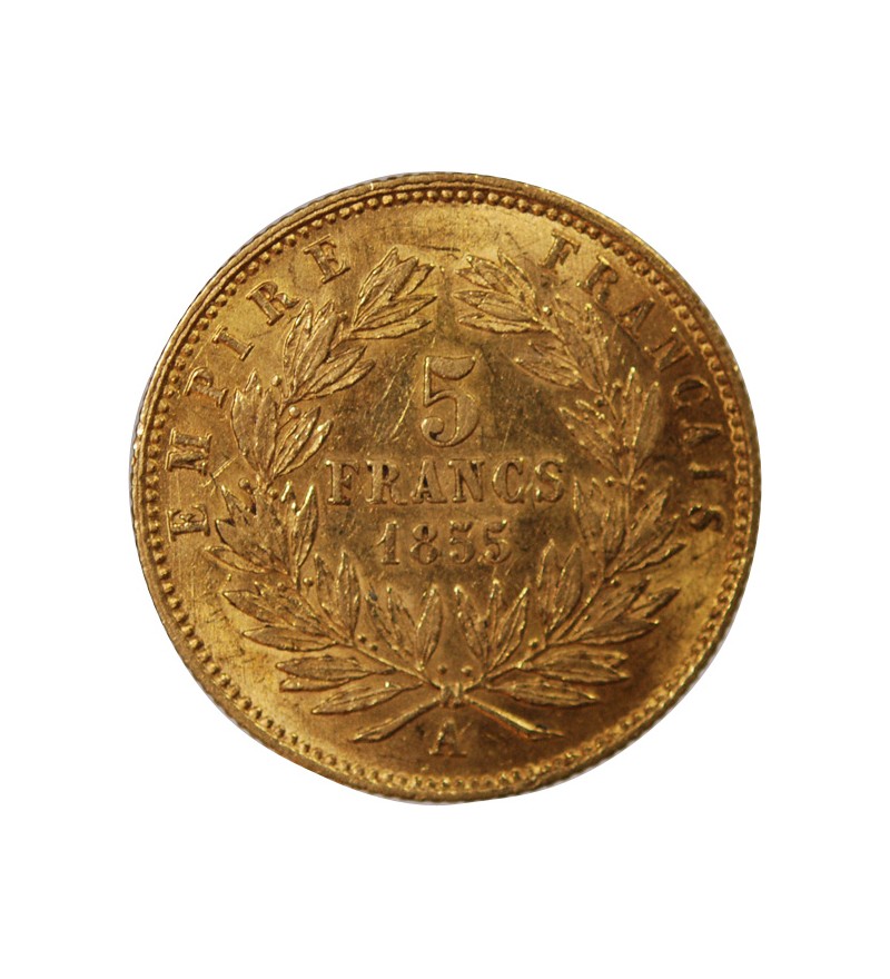NAPOLEON III - 5 FRANCS OR PETIT MODULE 1855 A PARIS﻿ "Tranche cannelée"