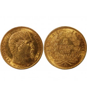 NAPOLEON III - 5 FRANCS OR PETIT MODULE 1855 A PARIS﻿ "Tranche cannelée" 2