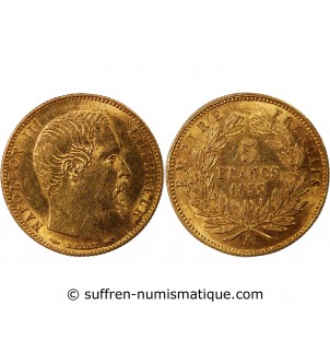 NAPOLEON III - 5 FRANCS OR PETIT MODULE 1855 A PARIS﻿ "Tranche cannelée"