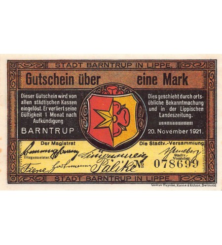 ALLEMAGNE, BARNTRUP IN LIPPE - 1 MARK 1921