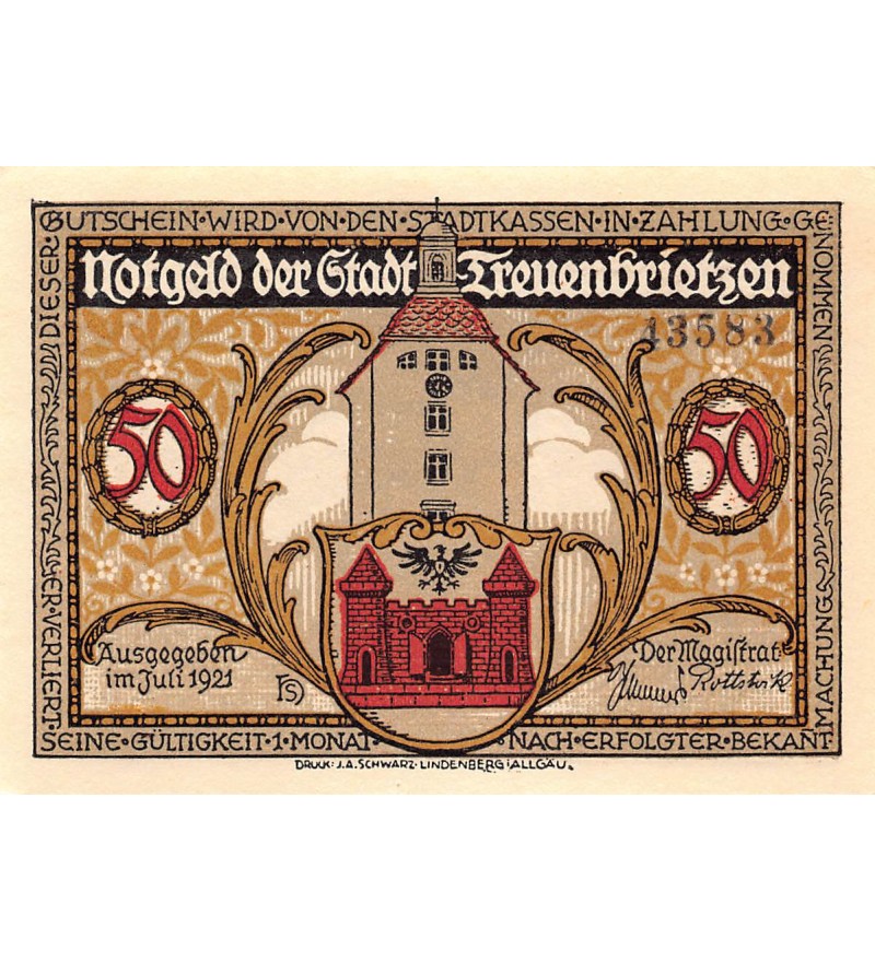 ALLEMAGNE, TREUENBRIETZEN - 50 PFENNIG 1921