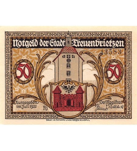 ALLEMAGNE, TREUENBRIETZEN - 50 PFENNIG 1921