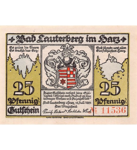 ALLEMAGNE, LAUTERBERG IM HARZ - 25 PFENNIG 1921