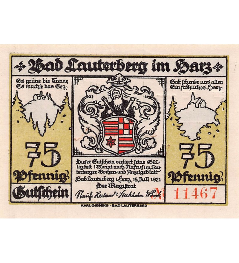 ALLEMAGNE, LAUTERBERG IM HARZ - 75 PFENNIG 1921