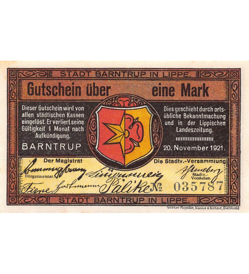 ALLEMAGNE, BARNTRUP IN LIPPE - 1 MARK 1921