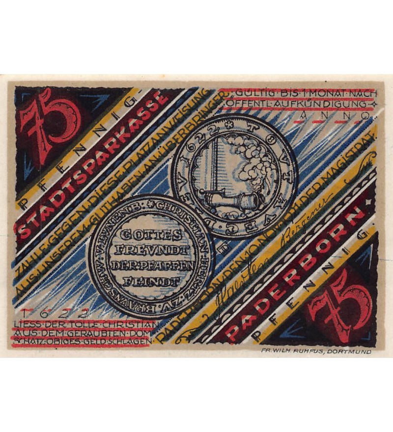 ALLEMAGNE, PADERBORN - 75 PFENNIG 1922