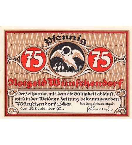 ALLEMAGNE, WÜNSCHENDORF - 75 PFENNIG 1921