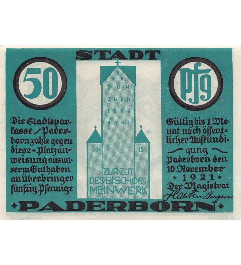 ALLEMAGNE, PADERBORN - 50 PFENNIG 1921
