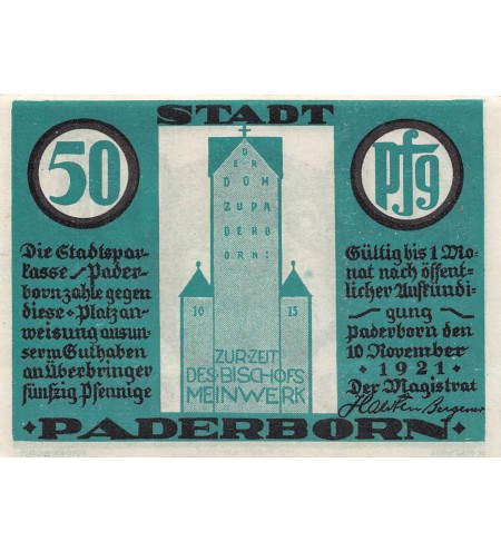 ALLEMAGNE, PADERBORN - 50 PFENNIG 1921