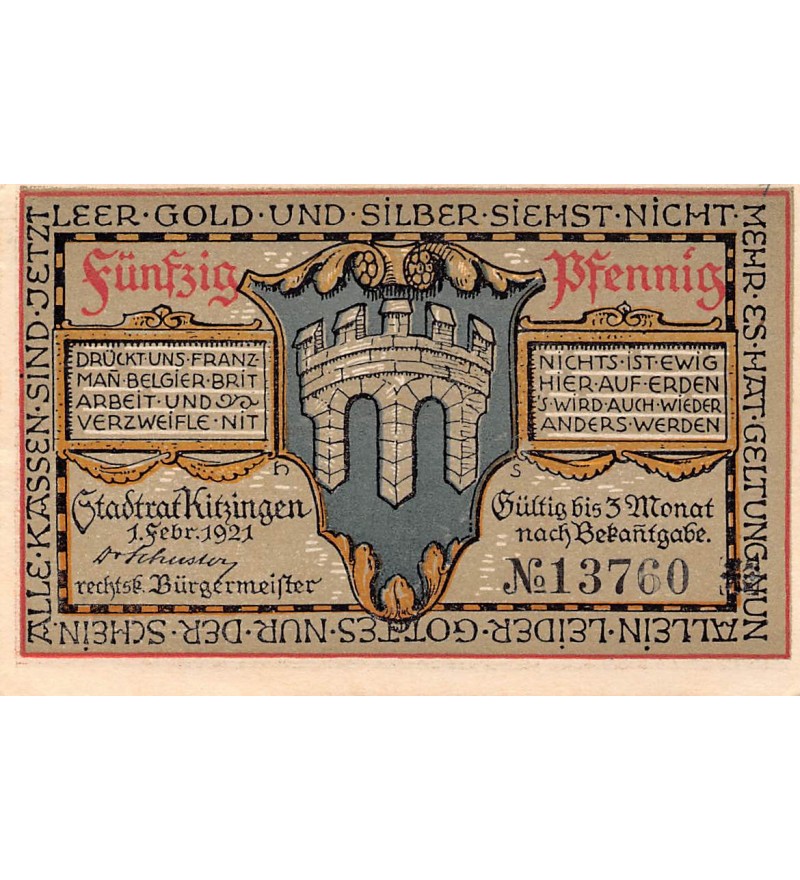 ALLEMAGNE, KITZINGEN - 50 PFENNIG 1921