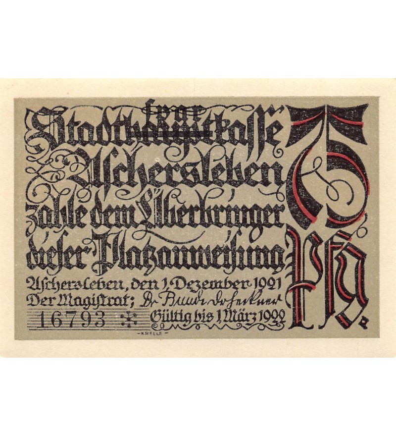 ALLEMAGNE, ASCHERSLEBEN - 75 PFENNIG 1921