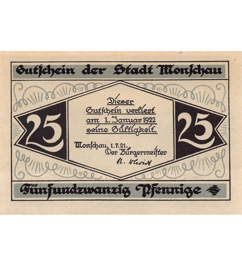 ALLEMAGNE, MONSCHAU - 25 PFENNIG 1921