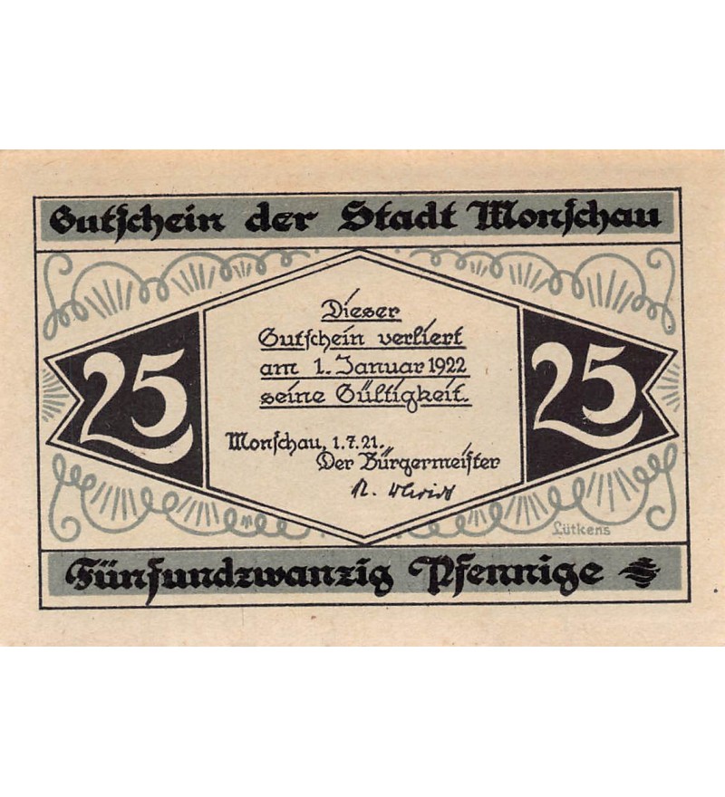 ALLEMAGNE, MONSCHAU - 25 PFENNIG 1921