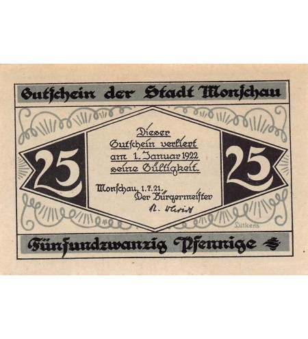 ALLEMAGNE, MONSCHAU - 25 PFENNIG 1921