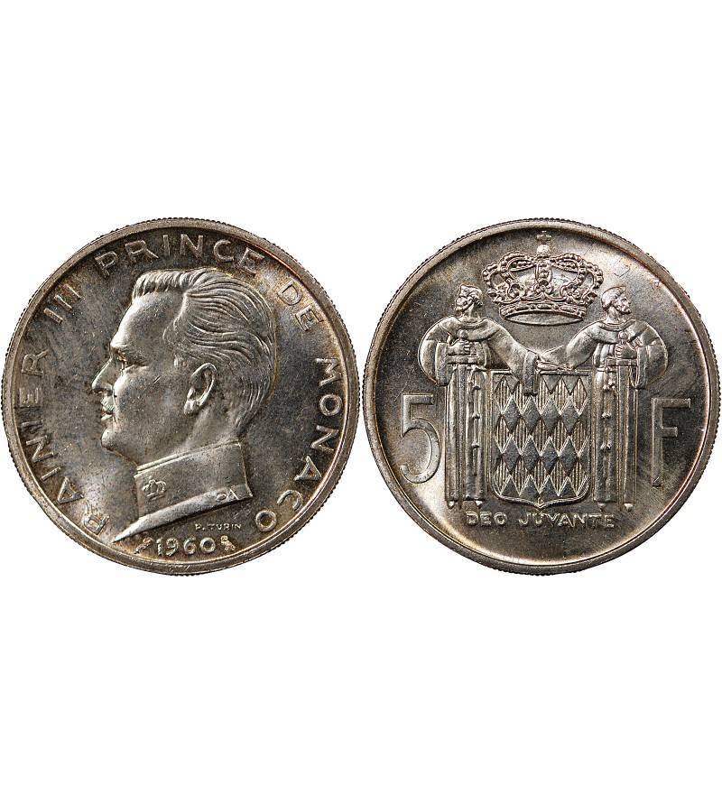 MONACO, RAINIER III - 5 FRANCS ARGENT 1960