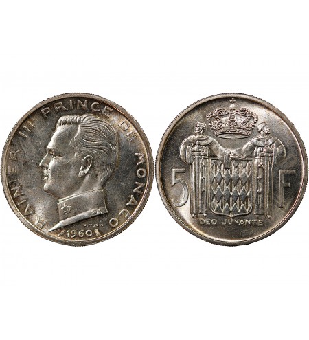 MONACO, RAINIER III - 5 FRANCS ARGENT 1960