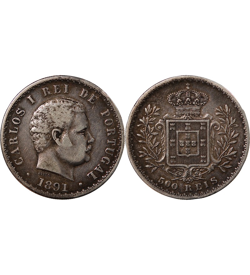 PORTUGAL, CHARLES Ier - 500 REIS ARGENT 1891