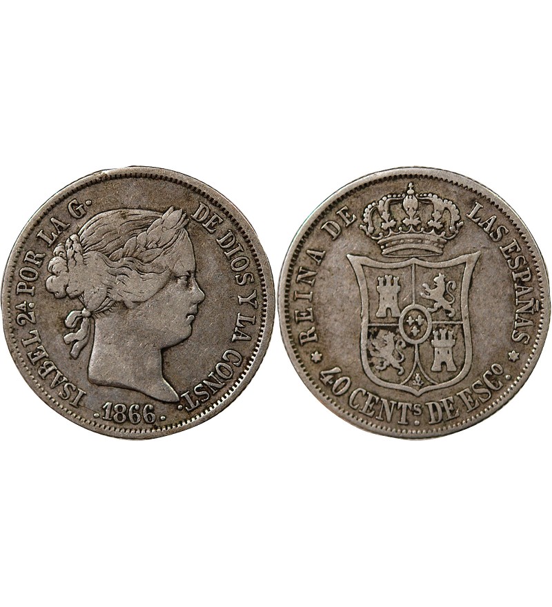 ESPAGNE, ISABELLE II - 40 CENTIMOS ARGENT 1866 SEVILLE
