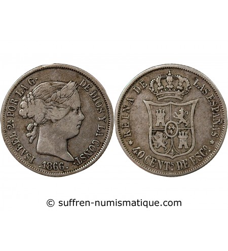 ESPAGNE, ISABELLE II - 40 CENTIMOS ARGENT 1866 SEVILLE
