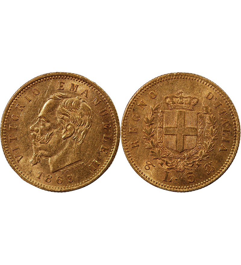ITALIE, VICTOR-EMMANUEL II - 5 LIRE OR 1863 T BN