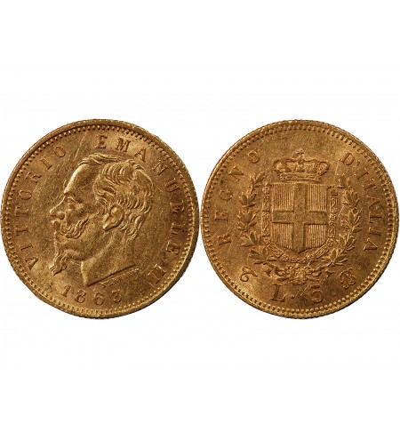 ITALIE, VICTOR-EMMANUEL II - 5 LIRE OR 1863 T BN