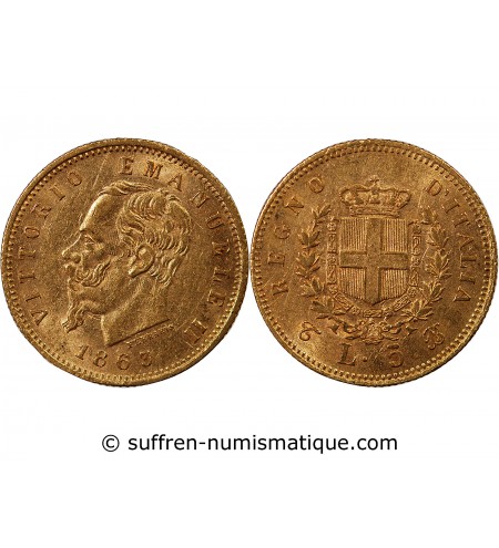 ITALIE, VICTOR-EMMANUEL II - 5 LIRE OR 1863 T BN