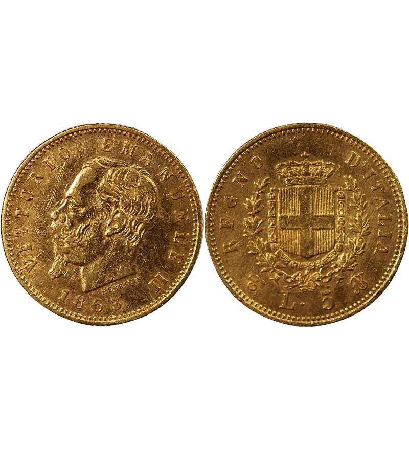 ITALIE, VICTOR-EMMANUEL II - 5 LIRE OR 1863 T BN