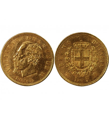 ITALIE, VICTOR-EMMANUEL II - 5 LIRE OR 1863 T BN