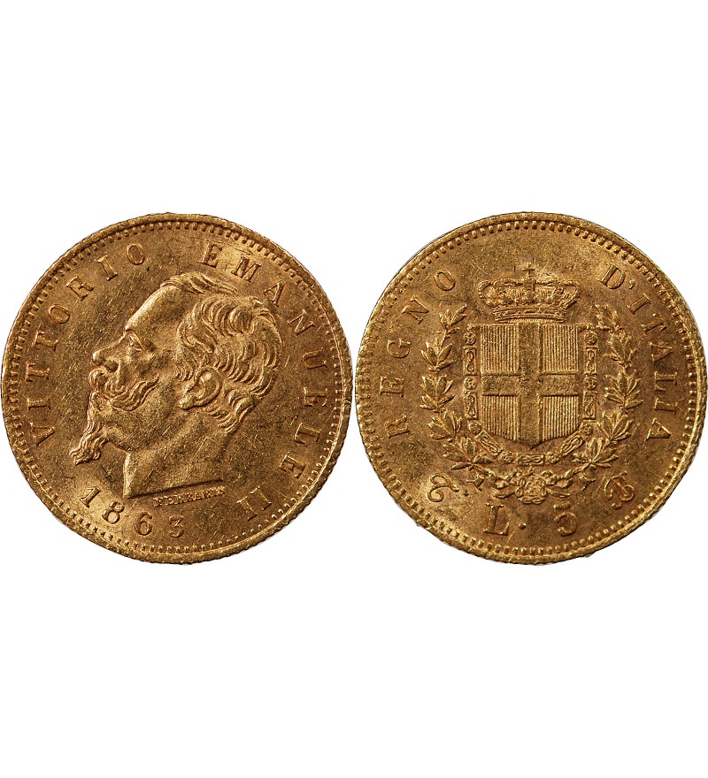 ITALIE, VICTOR-EMMANUEL II - 5 LIRE OR 1863 T BN