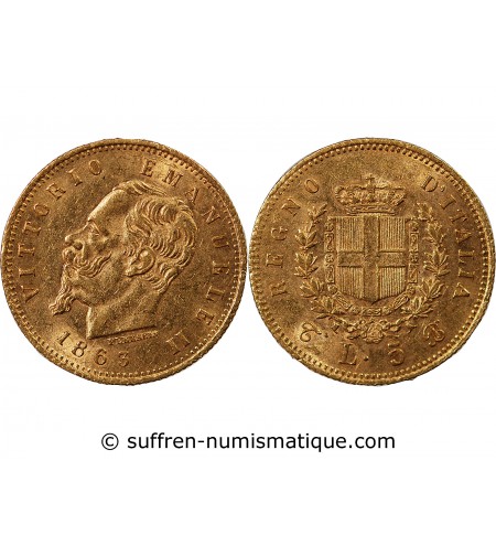 ITALIE, VICTOR-EMMANUEL II - 5 LIRE OR 1863 T BN